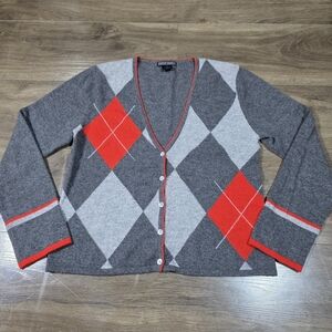 Gray and Red 2 Ply Cashmere Lauren Hansen Argyle Cardigan Sweater Women Size M